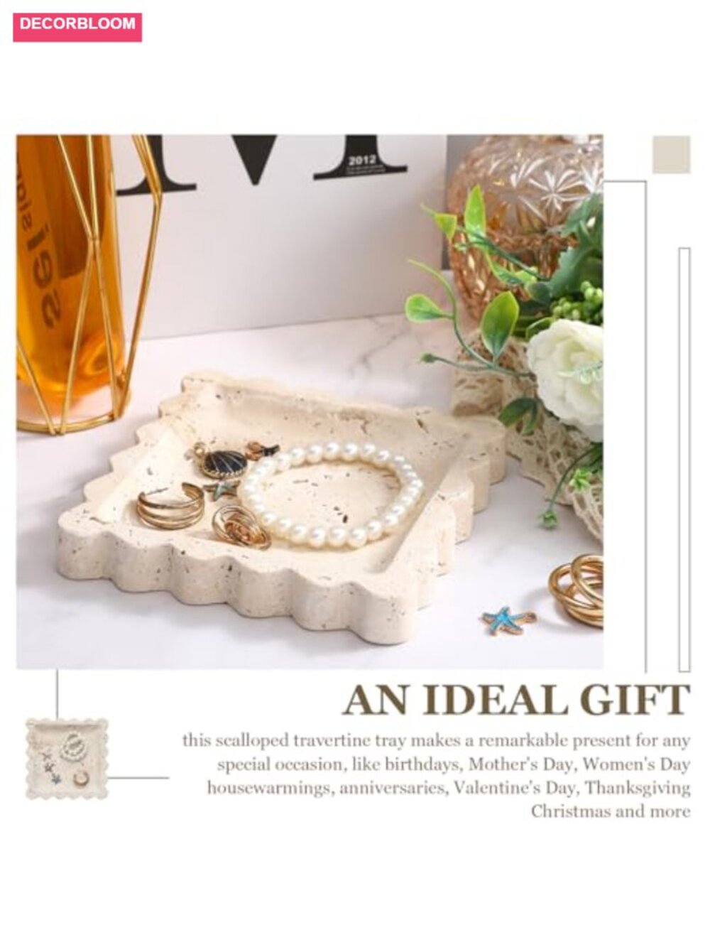 Natural Travertine Jewelry Dish Tray Scalloped Marble Ring Holder Perfume - Picture 5 of 6
